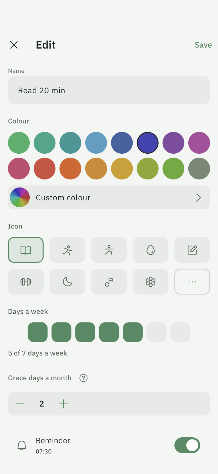 Edit habit: name, sixteen colours plus a custom colour, an icon grid, the weekly goal picked on the week bar, grace days a month, an optional reminder