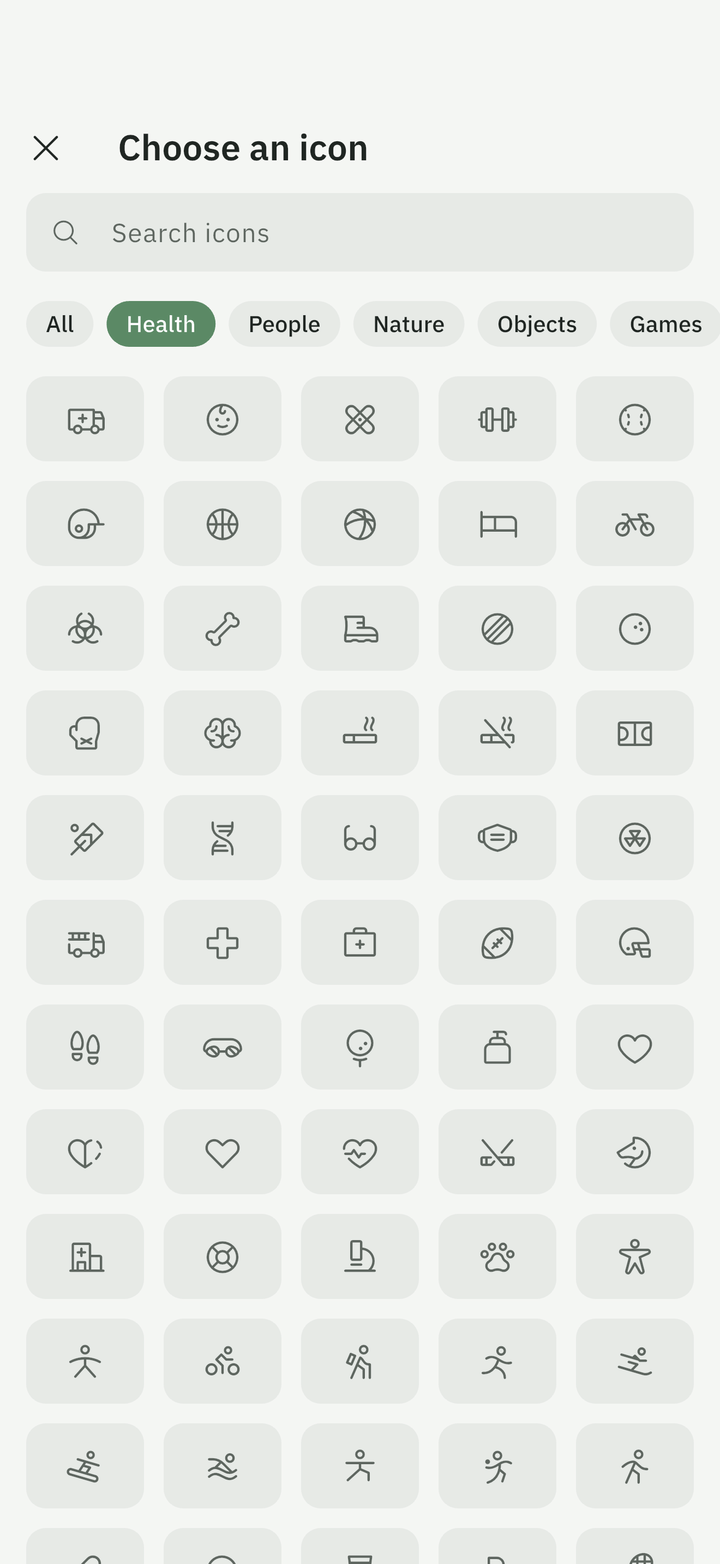 Choose an icon: a search field, categories such as Health, People and Nature, and a grid of icons